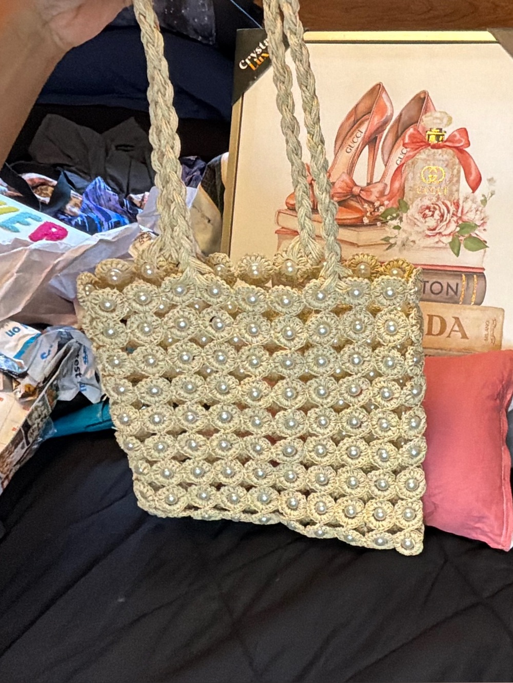Pearl-Embellished Cream Crochet Tote Bag